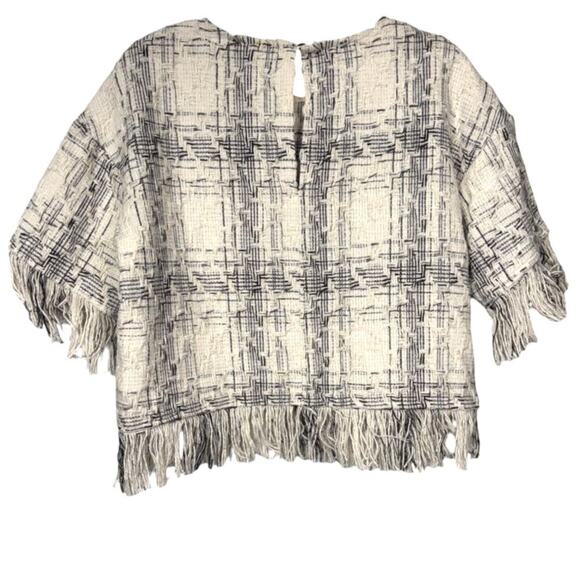 Fate Fringe Trim Textured Tweed Cropped Top Size Medium Cream Black Plaid Boxy - Picture 2 of 4
